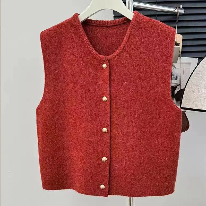 

Streetwear Casual Cardigan Vest Women O Neck Simple Knitted Tops Fall Female Korean Sleeveless Fashion Sweater Vest Jacket
