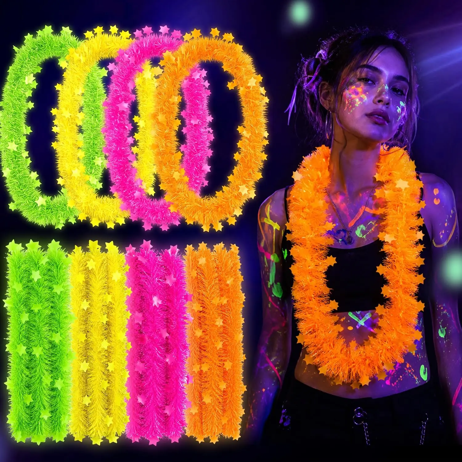 Glow in the Dark 5-Star Flower Garland Necklace Neon Blacklight Decor with Tassel for Rave Festival Nightclub Glow Photoshoot view 2