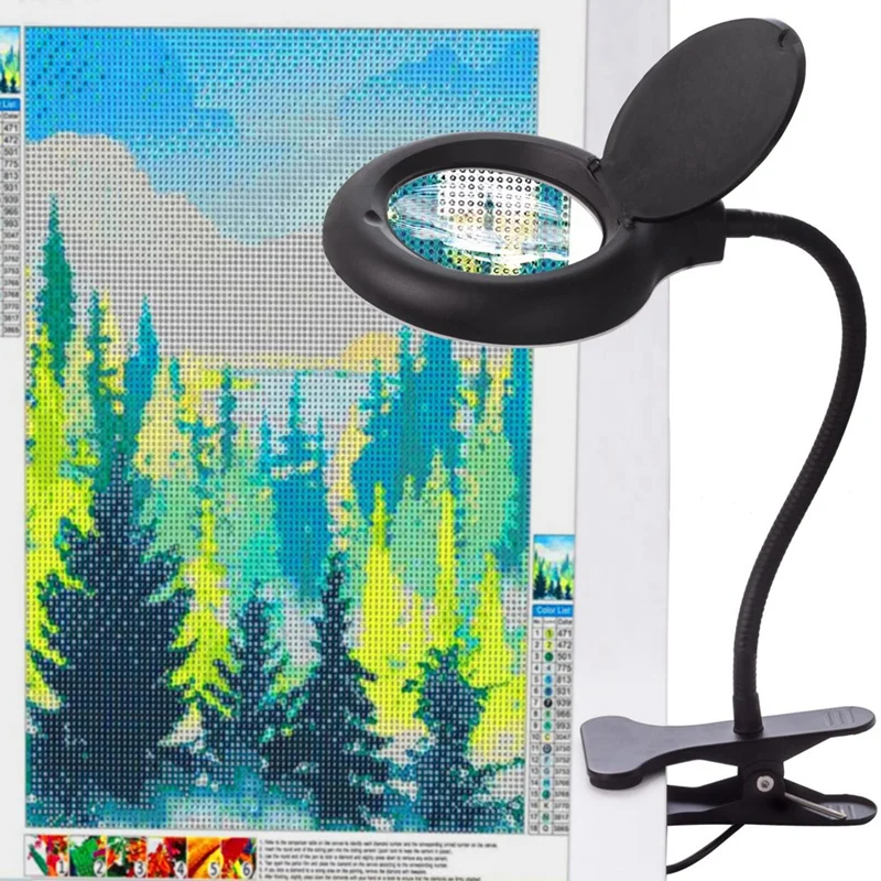 5X Magnifying Lamp With Clamp, USB Powered Hands Free Lighted Magnifying Glass LED Desk Lamp For Diamond Painting Tools