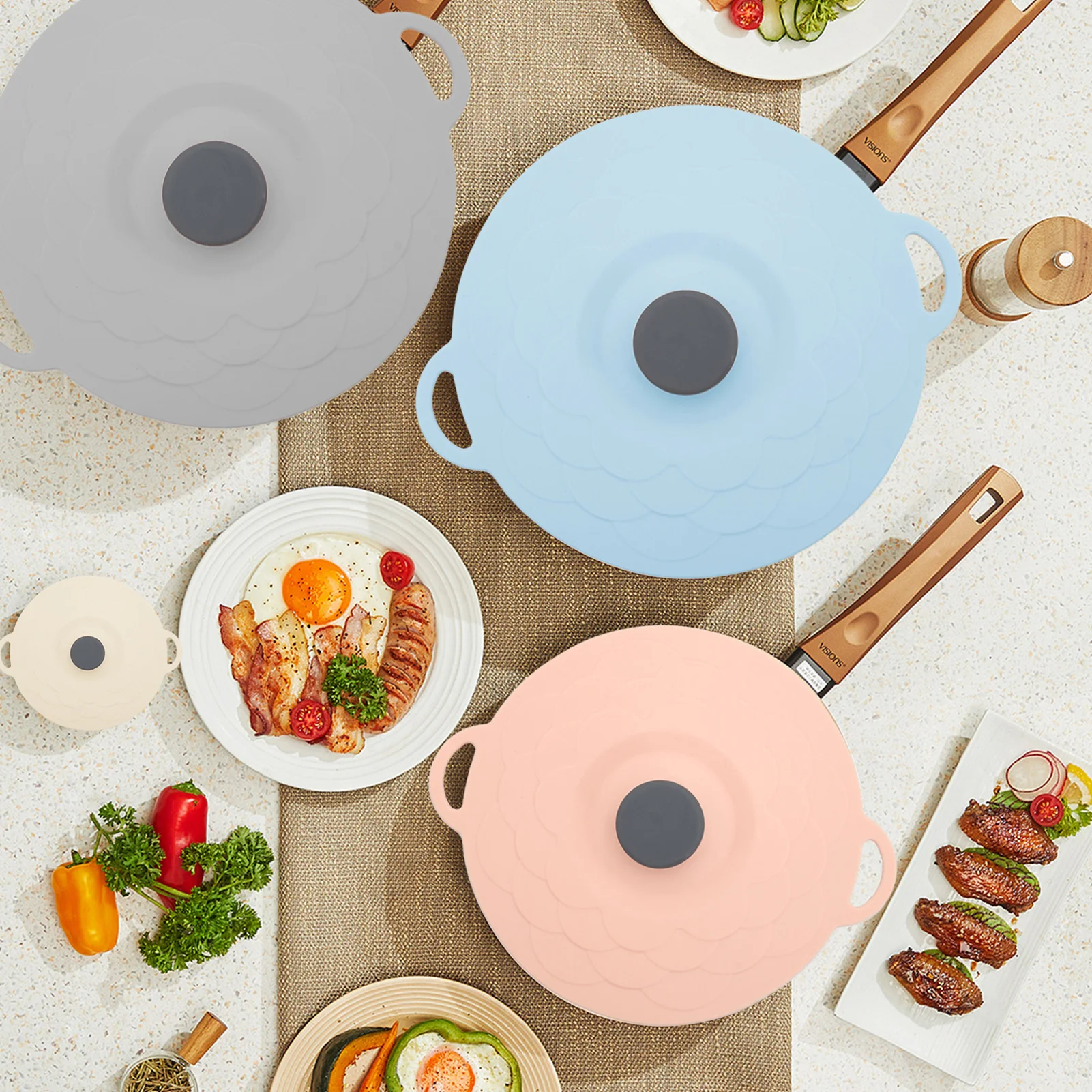 Tapa de olla de silicona, 5 uds., 5 tamaños, envoltura de alimentos, cuenco, tapa de olla, cubierta Universal para alimentos frescos con mango, herramienta de cocina de sellado
