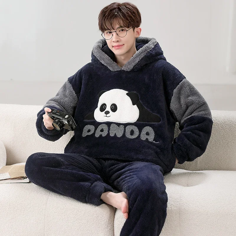 Winter Couples Pajamas Set Women Men Sleepwear Thick Cartoon Panda Kawaii Adult Anime Pyjamas Korean Hooded Suits Night Homewear