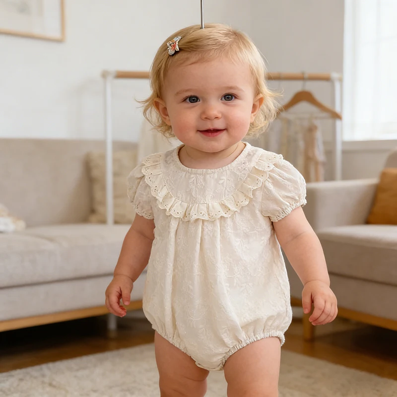 2026 Sommer Neue Babykleidung 0-24M Mädchen Baby-Strampler Süße Bestickte Kurzarm-Strampler mit Peter-Pan-Kragen