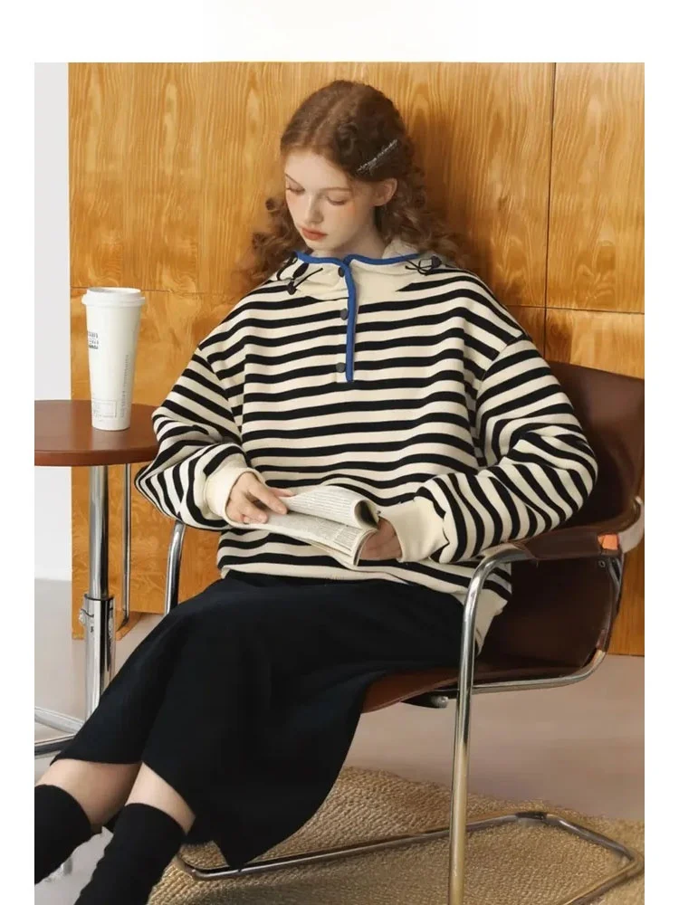

Свободная толстовка ZhuoZhi в полоску на пуговицах с длинными рукавами, ветрозащитная, новая осенняя коллекция, женская модная уличная одежда