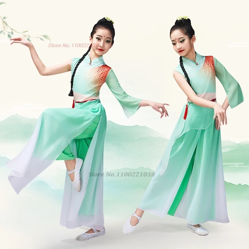 2025 中国子供民族舞踊衣装グラデーションカラーシフォン韓服トップス + パンツ伝統的なダンサーステージパフォーマンスドレス