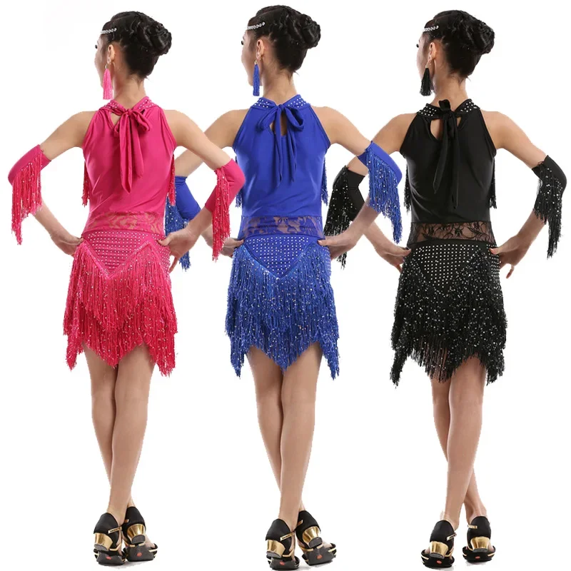 Vestido de dança latina lantejoulas com pendão para meninas, roupa de dança Cha Cha Salsa e Tango, moda