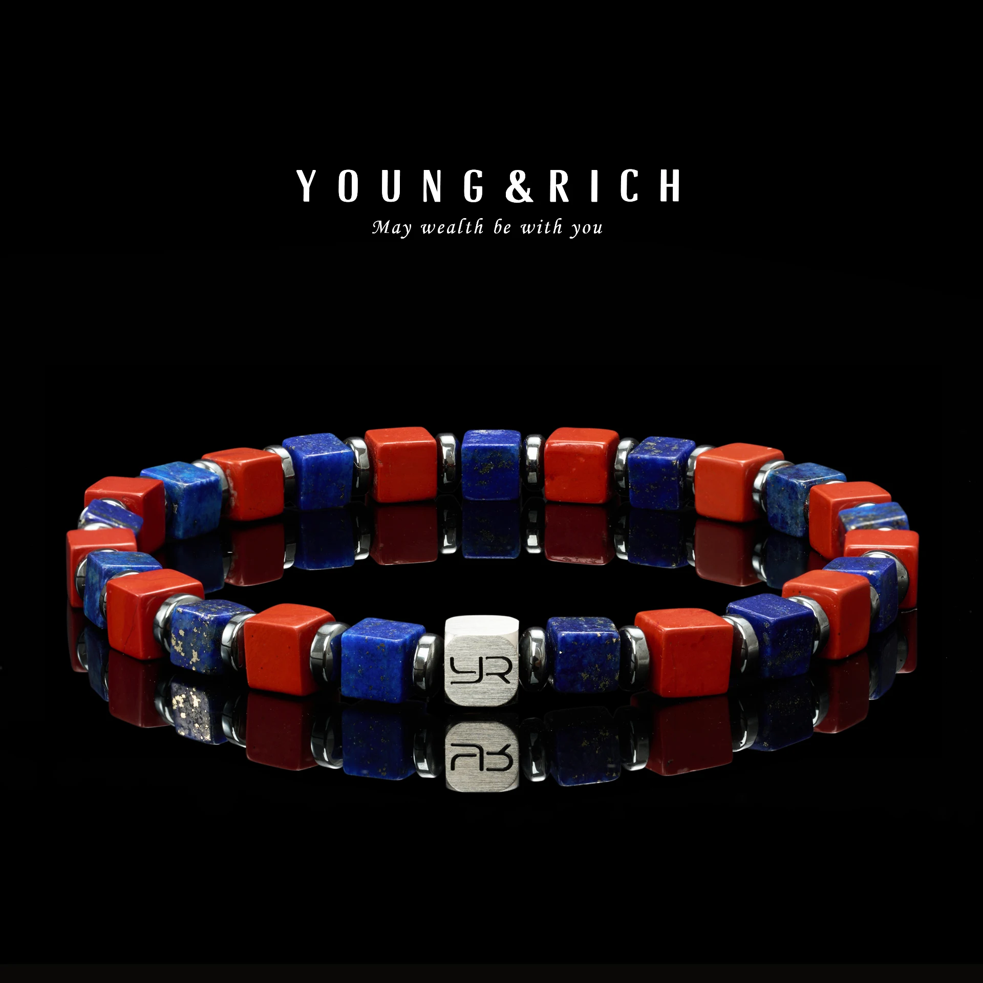 

YOUNG&RICH Unisex Lapis Lazuli & Red Jasper Cube Beaded Stretch Bracelet, Bohemian Stackable Jewelry for Men Women