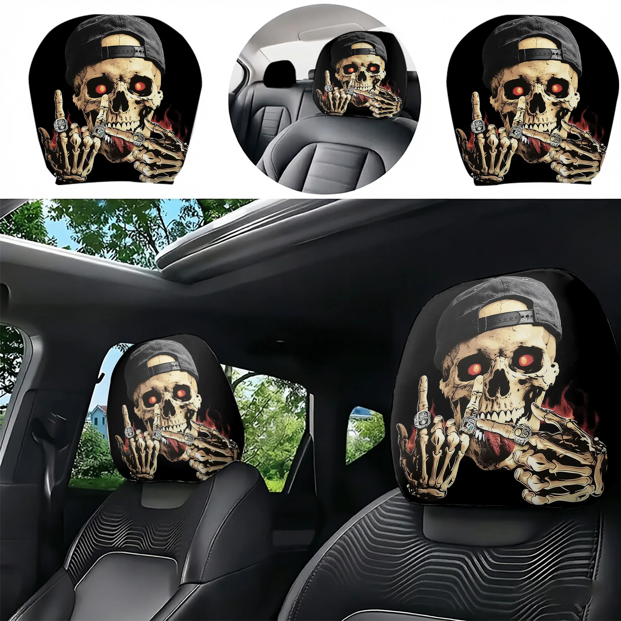 2pcs avant-garde skull-themed car headrest covers featuring cool hat and ring designs. The perfect choice for a bold upgrade to