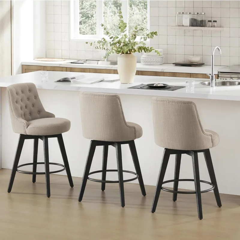 Counter Height Bar Stools Set of 3, Performance Fabric Upholstered Modern Swivel Barstool with Back, Solid Wood Legs, 26