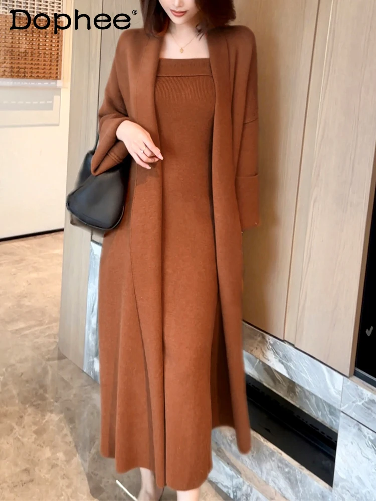 

Autumn Winter Premium Sense Thickened Knitted Sweater Cardigan Jacket and Strapless Long Dress Two Piece Sets Womens Outifits