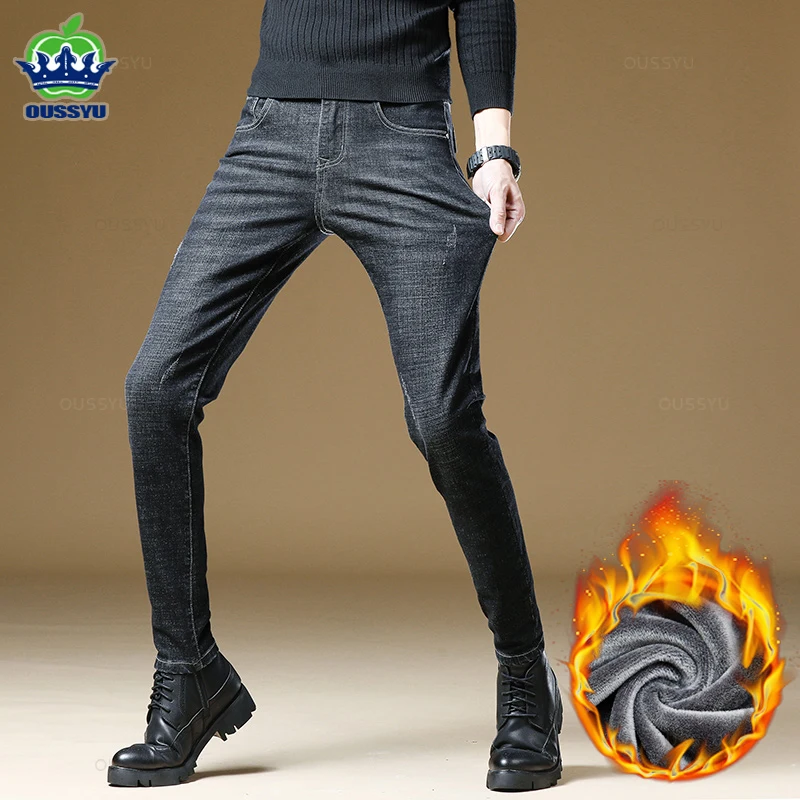 

Brand Clothing Winter Fleece Warm Skinny Jeans Men Cotton Black Denim Pants Classics Thick Flocking Trousers Male Streetwear