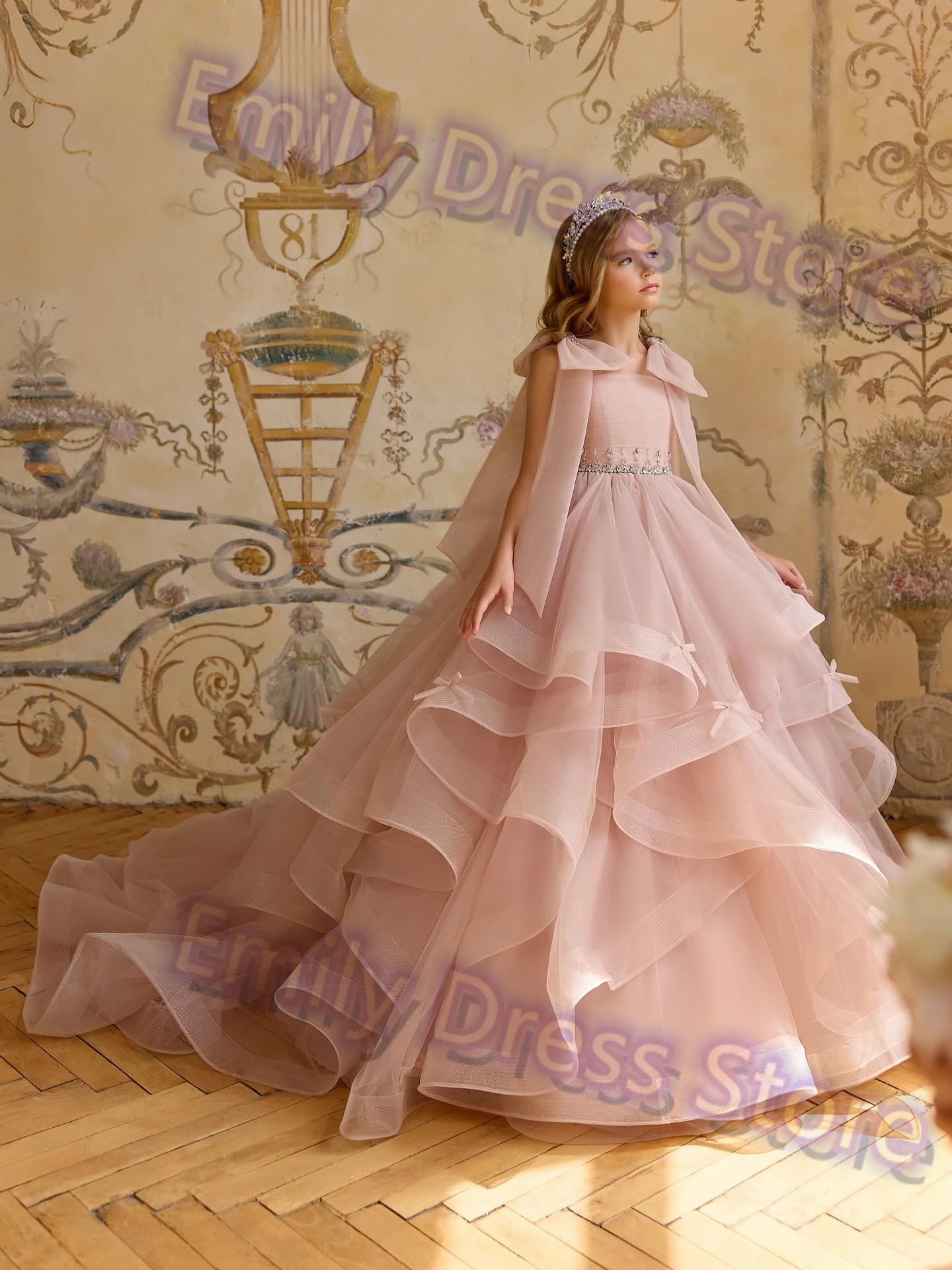 

Розовое платье с цветочным узором для девочек по индивидуальному заказу на свадьбу, тюлевое платье с оборками, без рукавов, с бантом из бисера, пышное платье для первого причастия на день рождения