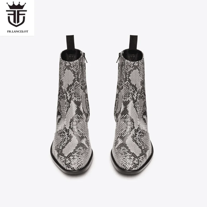 2024 Fashion Snake Skin Print Leather Chelsea Boots Men Snake Patter leather Boots men\'s booties Side Metal Zip knight shoes