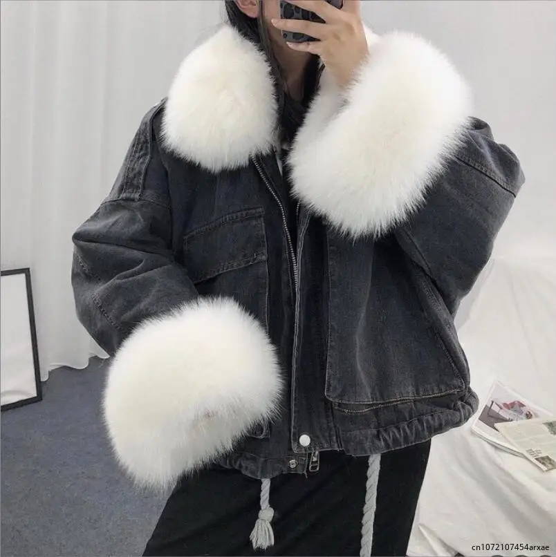 Fashion Warm Parka Women Winter Crop Puffer Jacket Fur Inside Coat giacca di Jeans femminile giacche di Jeans da donna soprabito da neve