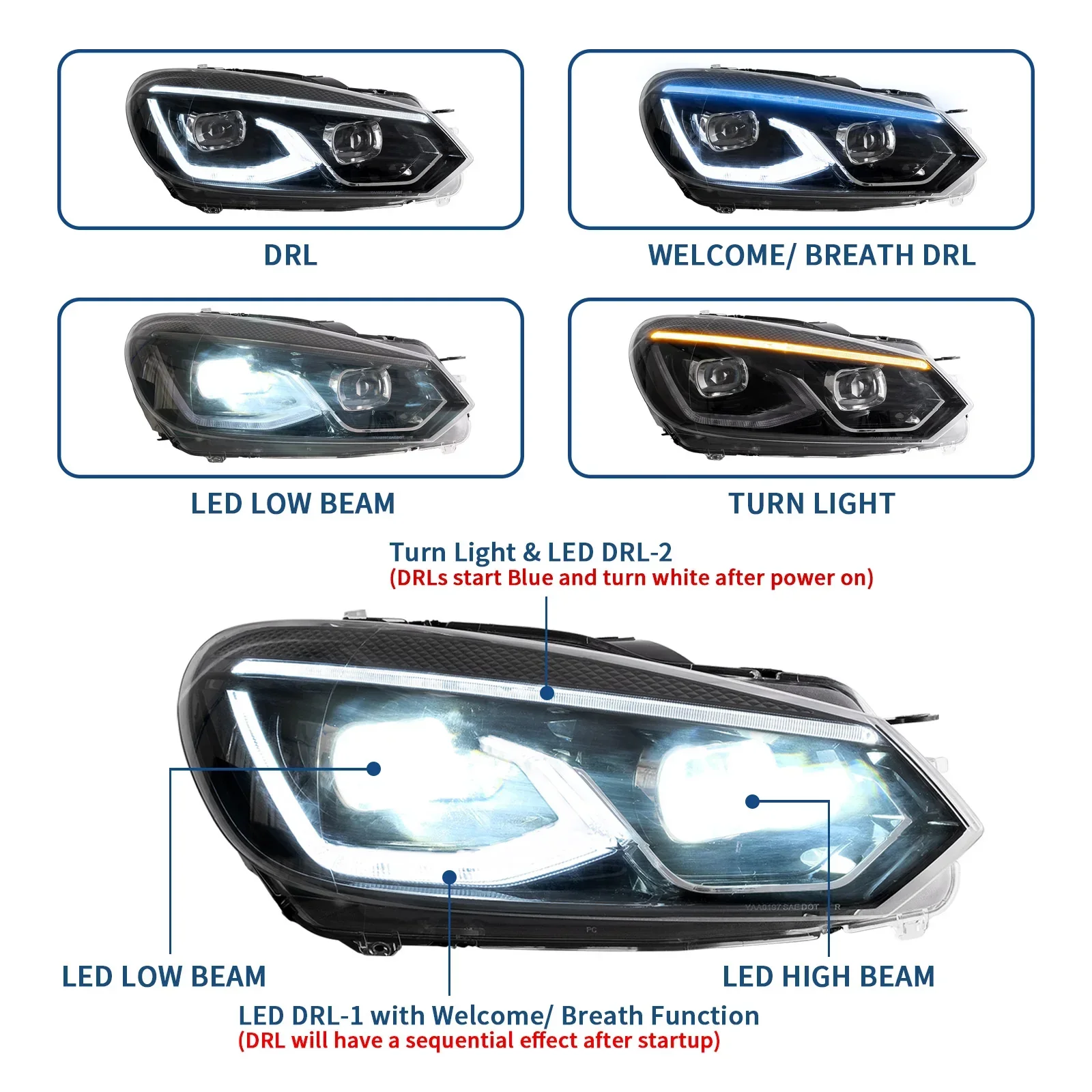 VLAND Full LED Headlight For VW Golf 6 / MK6 2008-2014 Front Lights Assembly (NOT fit for  GTI and  R models)