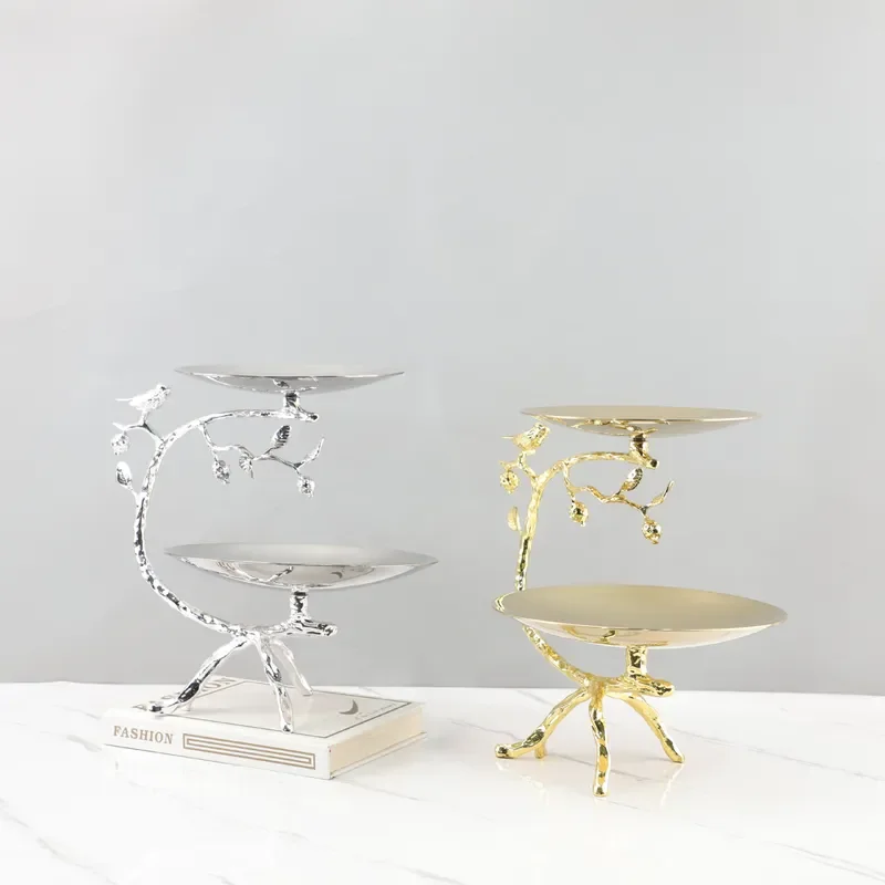 New Chinese Creative Metal Electroplating Double-layer Fruit Plate Dim Sum Plate Living Room Restaurant Hotel Model Room Home