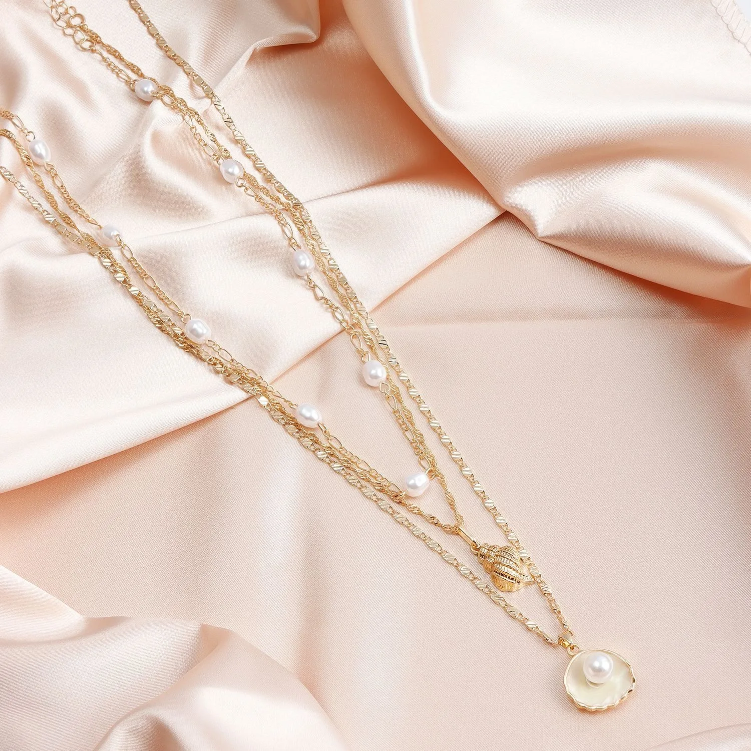 Layered Faux Pearl River Shell Pendant Necklace Women Beach Vacation Versatile Choker Premium Quality Silver Chain