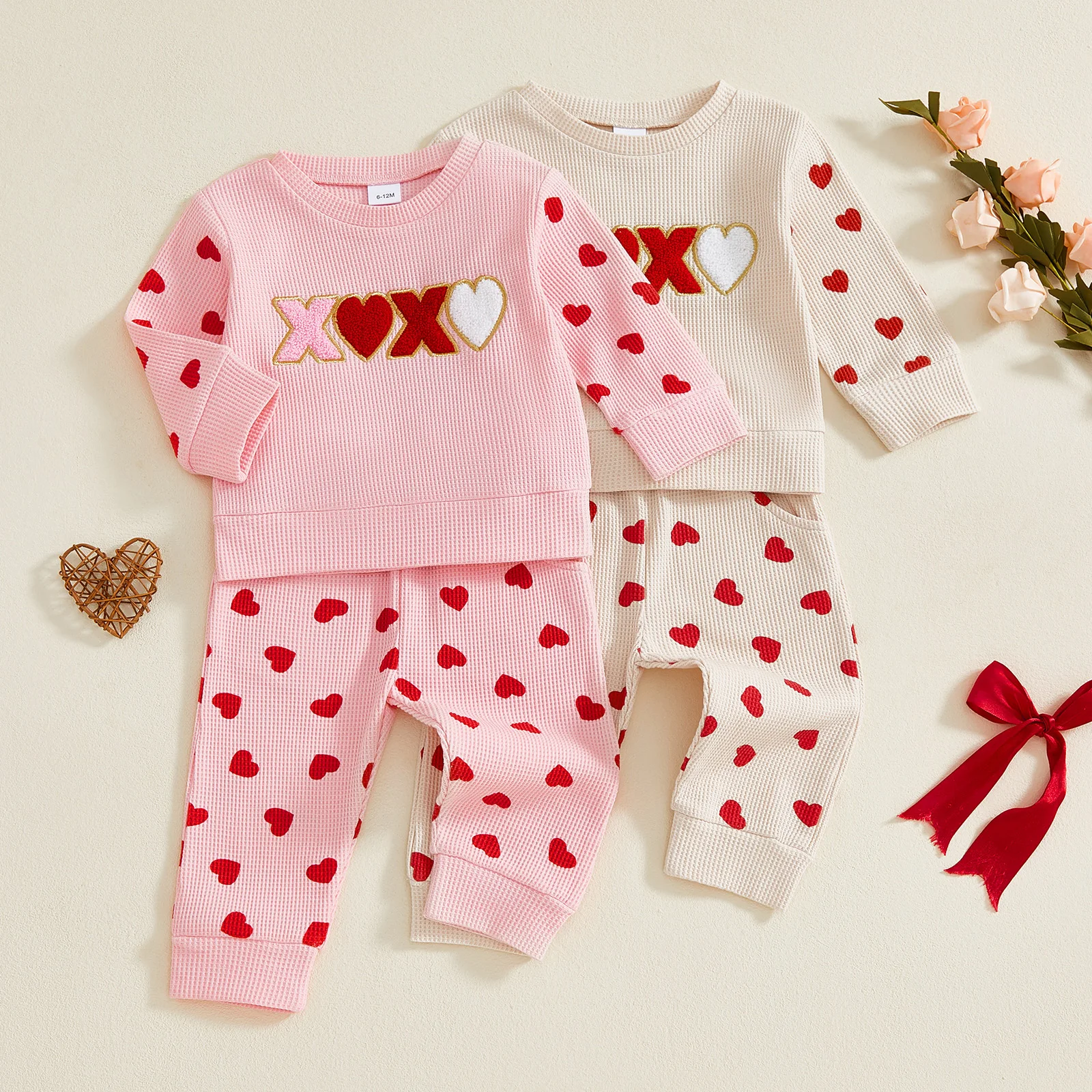 ViSgogo Toddler Girl Valentine's Day Outfits Letter Embroidery Waffle Long Sleeve Pullover + Heart Print Pants 2 Pcs Set