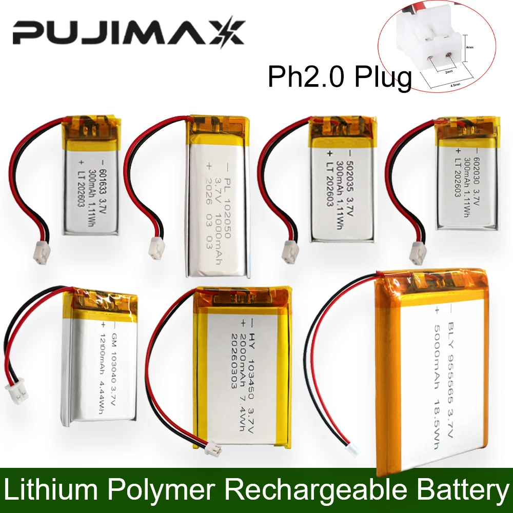 

PUJIMAX 3.7V Lipo Battery Ph2.0 Plug Rechargeable Lithium Battery For PS4 Humidifiers GPS Navigation Bluetooth Speaker MP3 MP4