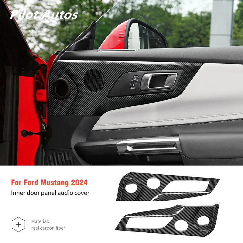2024 2025 For Mustang Car Inner Door Panel Speaker Cover Audio Case Genuine Carbon Fiber 3D Decoration Sticker