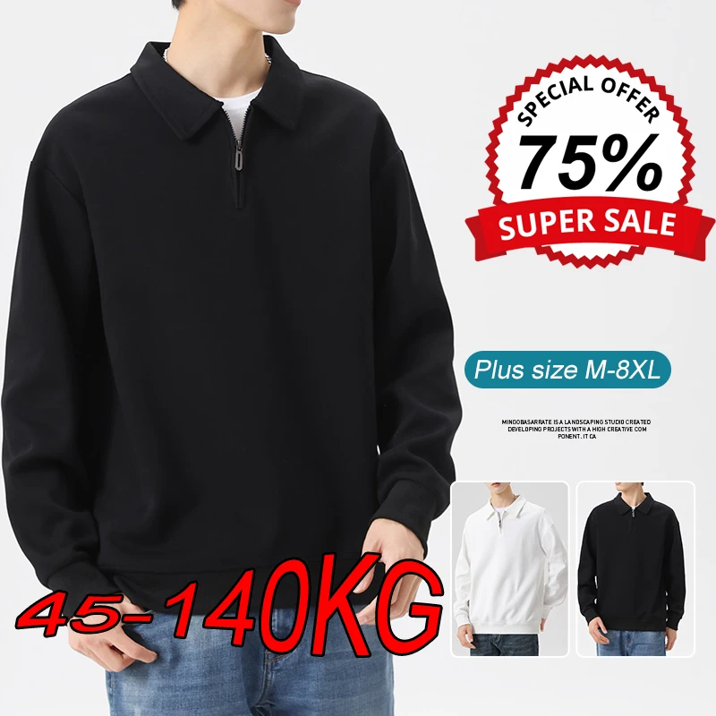 Sonbahar erkek POLO Tişörtü Büyük Boy M-8XL Gevşek Pamuk Rahat Spor Üstleri Yaka Yarım zincir Pat Uzun kollu Kazaklar