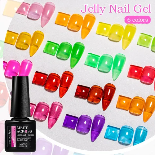 MEET ACROSS 7ml Jelly Pink Red Green Gel Esmalte de uñas Jelly Sparlky Neon Macaron Series Soak Off UV Gel Nail Art Barniz Uñas