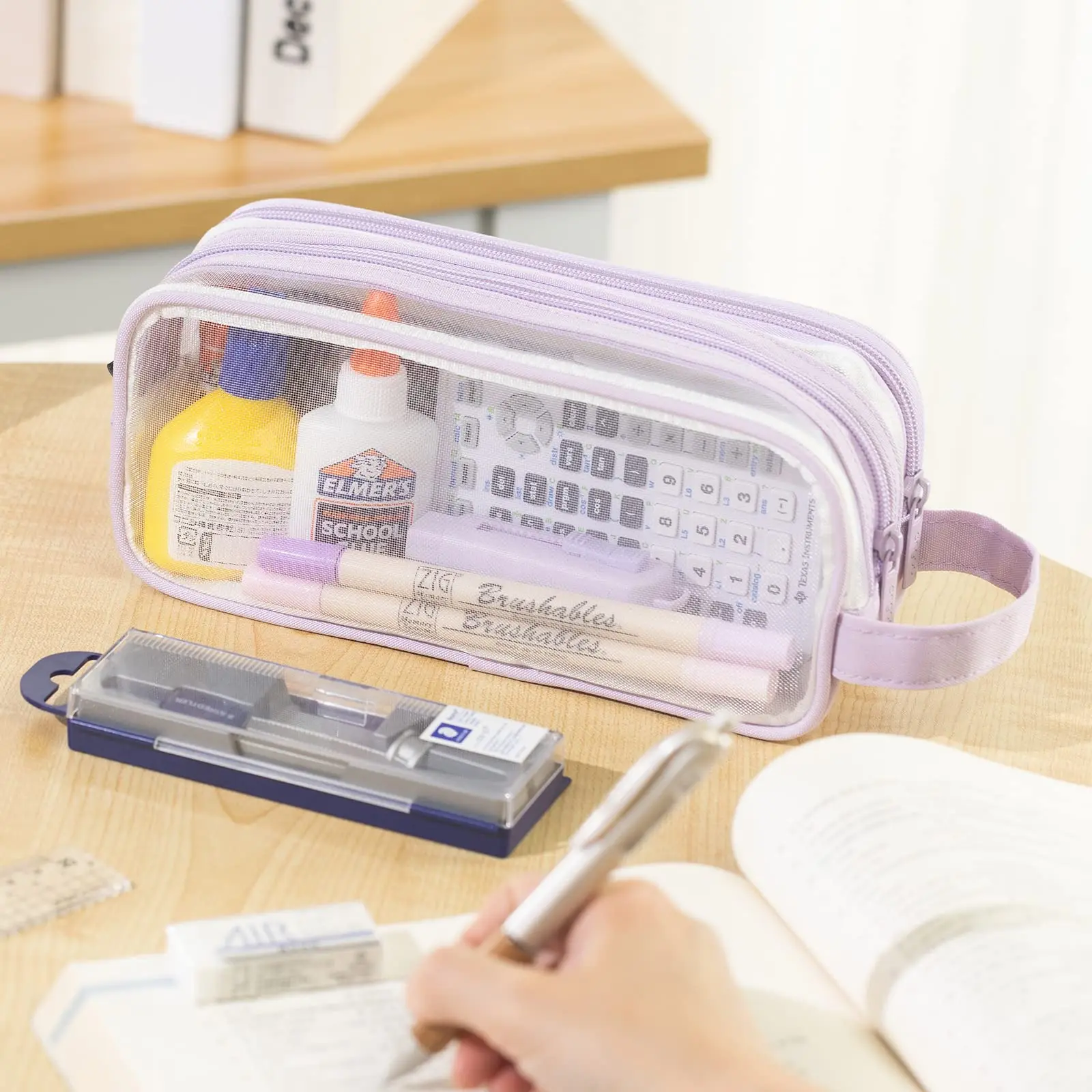 Estuche para lápices transparente morado, bolsa de papelería sencilla de gran capacidad, linda bolsa de cosméticos, suministros de estudio para estudiantes, suministros de oficina