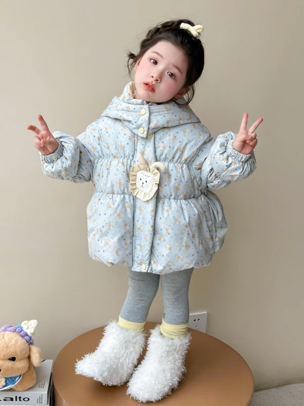 

Faionable Thiened Хлопковая куртка с капюшоном и цветочным принтом для девочек, теплое зимнее пальто, детская верхняя одежда, Sli для холодной погоды...