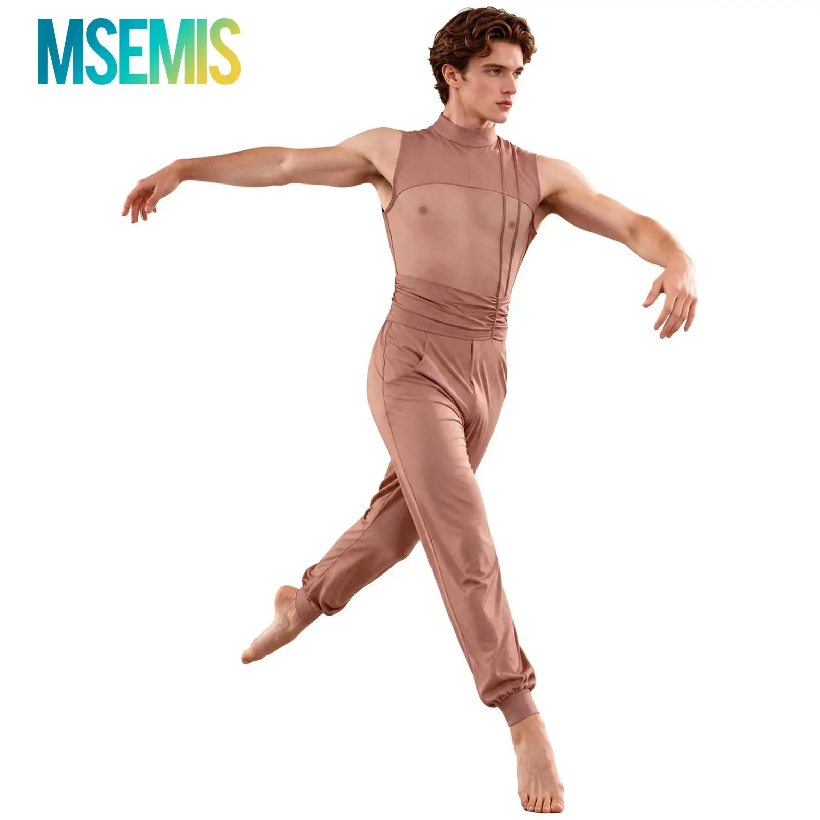 Male Contemporary Dance Unitards Jumpsuit Sleeveless High Neck Mesh Panel Ruched Waist Modern Lyrical Stage Costume Dance Outfit