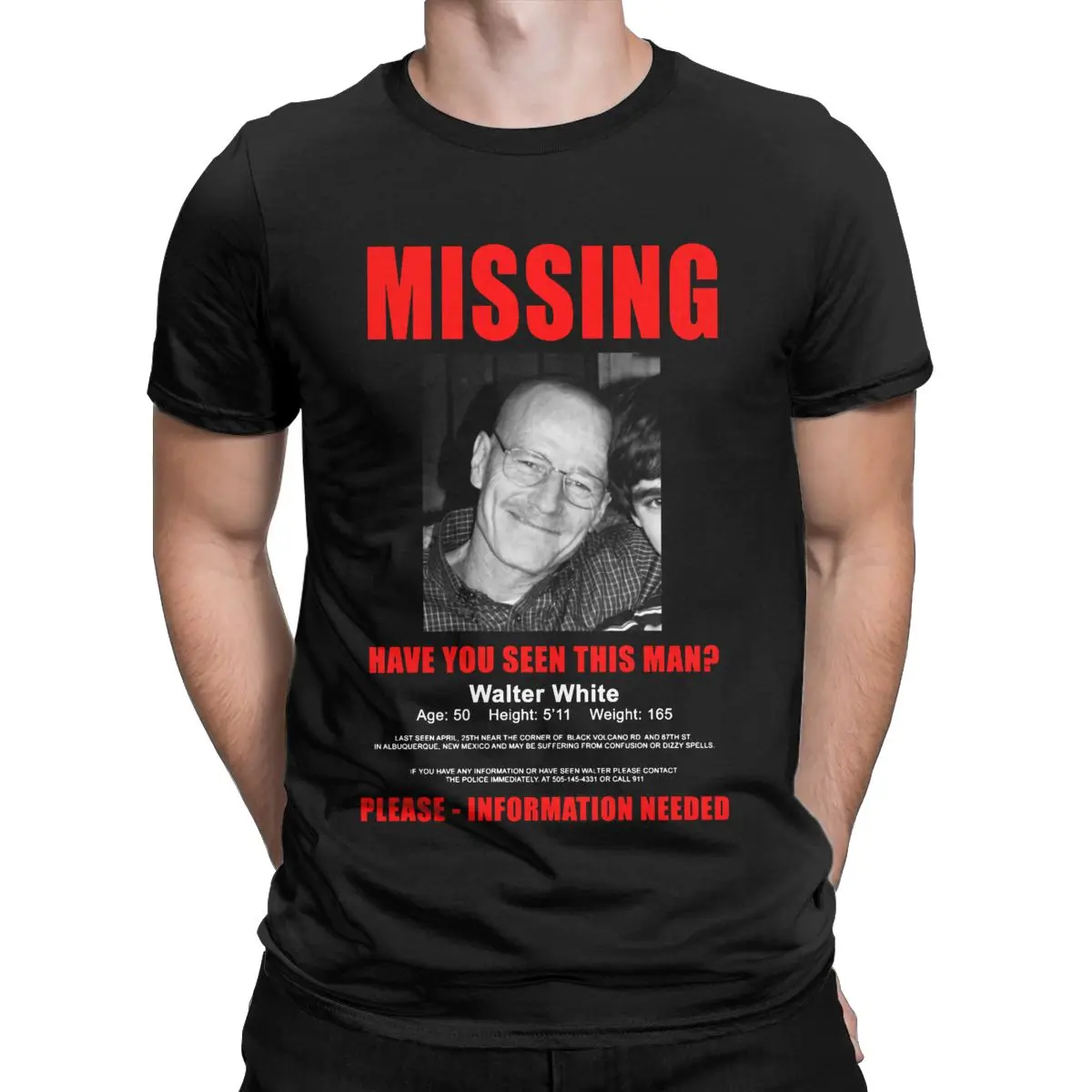 Walter White Missing Poster Breaking Bad Men\'s T Shirts Novelty Tees Short Sleeve Round Collar T-Shirt Pure Cotton Party Clothes