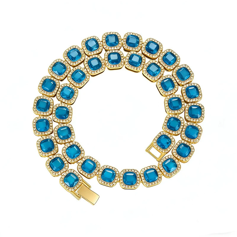 New Fashion Sky Blue  Glass Choker Necklace For Men Women 12mm Tennis Chain Cuban Link Hip Hop Square Bling Rhinestones Jewelry