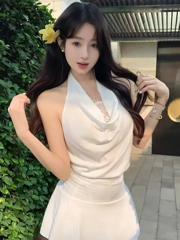 

Summer White Moonlight First Love Halter Neck Lace Fake Two-Piece Dress Pure Desire Waist-Cinching Slim A-Line Skirt Women
