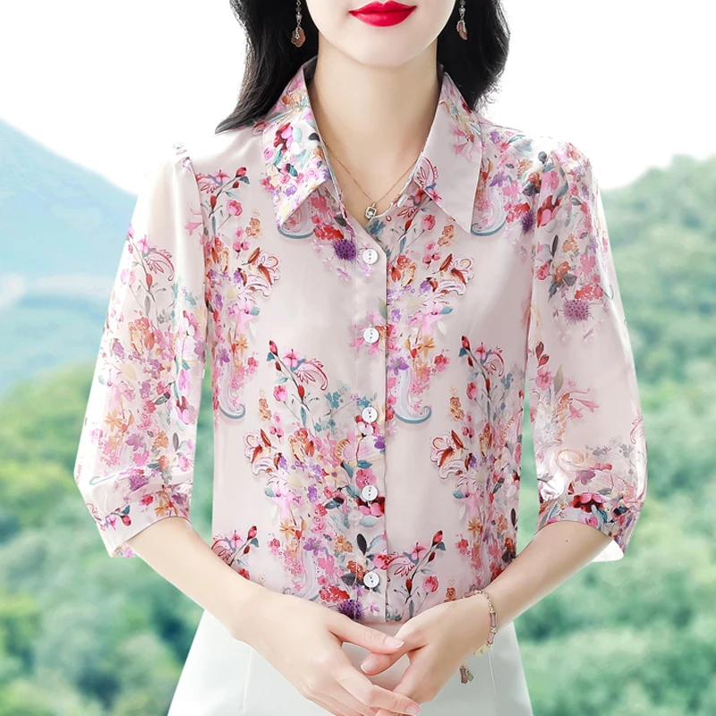 Korean Fashion Silk Chiffon Blouse Shirt Turn Down Collar Summer Clothing Single-breasted 3/4 Sleeve Women Floral Printed Tops