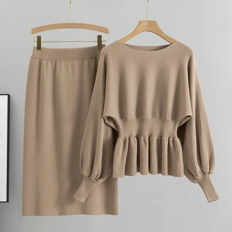 Autumn Elegant 2 Two Piece Set Women Lantern Long Sleeves Crop Tops Fashion Casual Pullover Sweater Sexy High Waist Skirts Sets