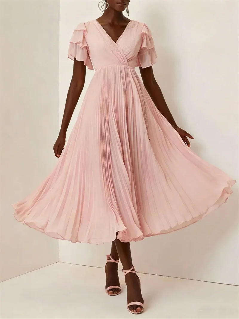 elegant-solid-prom-dress-v-neck-ruffle-sleeve-pleated-a-line-midi-party-gown-evening-wedding-bridesmaid-cocktail-formal-robe