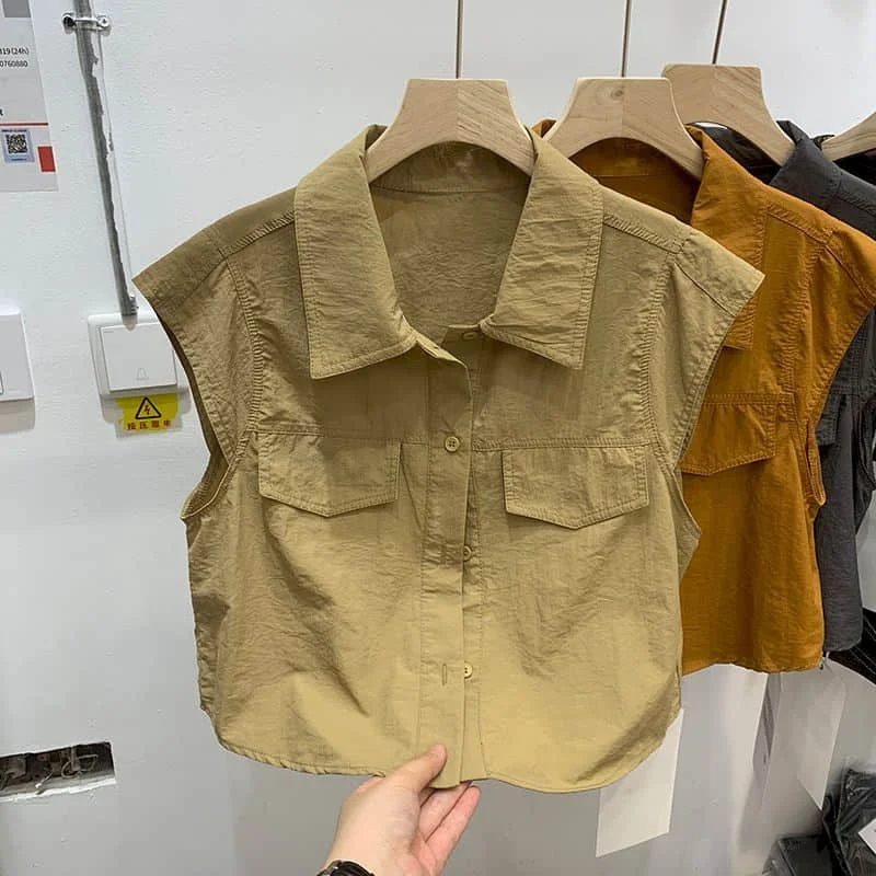 

Crop Tank Tops Casual Korean Style Polo-neck Workwear Single-breasted Shirts Aesthetic Ins 2026 Summer Wear Women Clothing