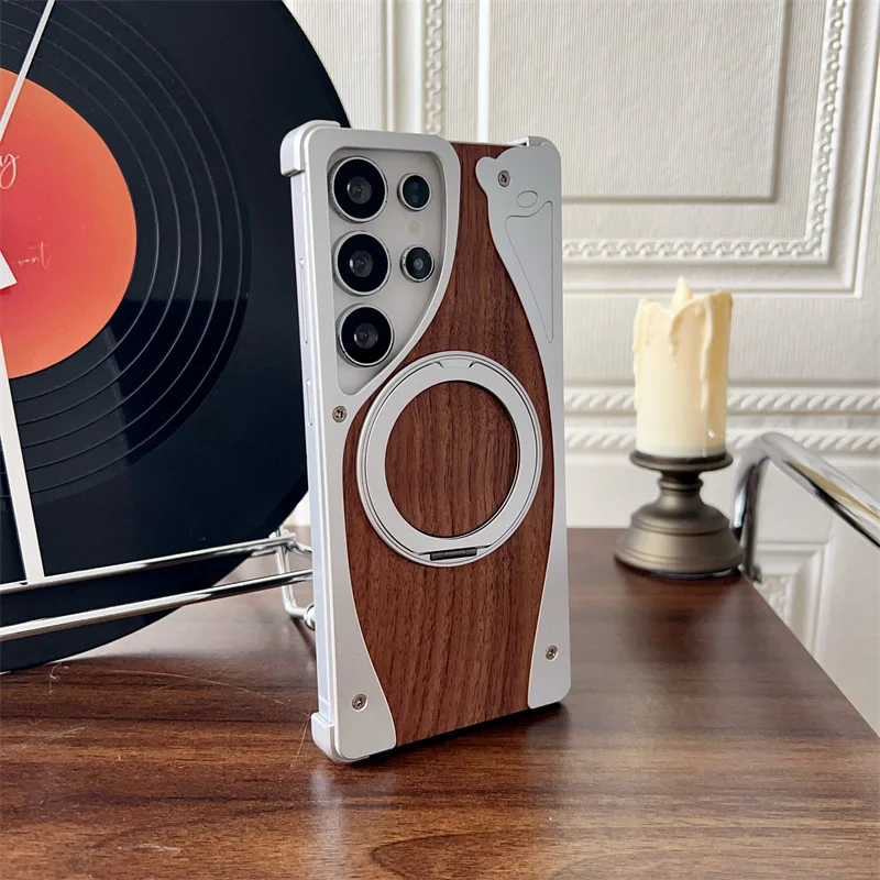 Walnut Wood Aluminum Metal Magnetic Phone Case For Samsung Galaxy S23 S24 S25 Ultra 360° Rotate Bracket Magsafe Shockproof Cover