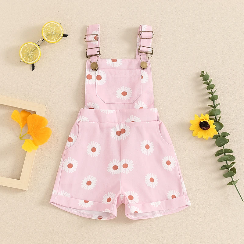 Kids Toddler Girl Summer Overall Shorts Floral Print Sleeveless Button Adjustable Straps Romper Jumpsuit with Pocket