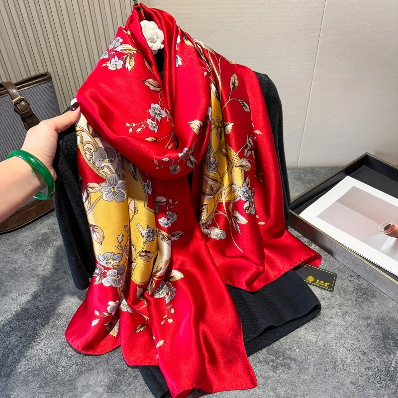

Luxury Print Silk Scarf Women 190*90cm Summer Silk Scarves Shawls Wraps Soft Female Beach Red Stole Bandanna Foulard Muffler