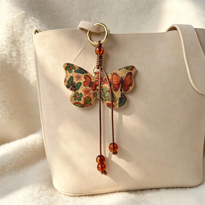 Vintage Ethnic Printed Butterfly Shaped Keychain, Elegant Literary New Chinese Style Versatile Bag Charm, Universal Ornament