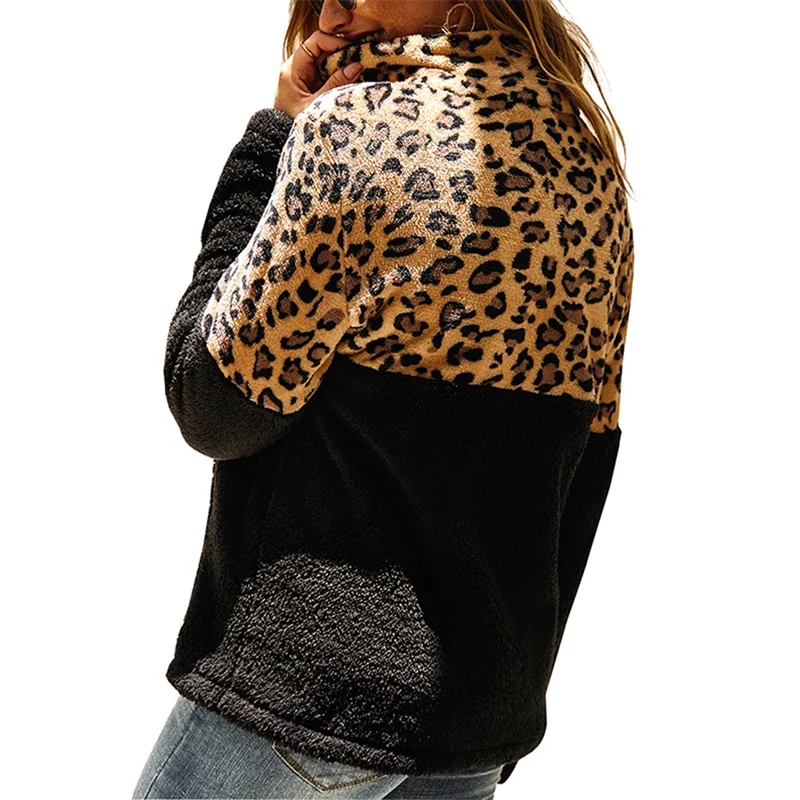 Women s Sweater Stylish Leopard Print Long Sleeve Color Block Pullover with Front Zipper Trendy Casual Top for a Wild Fashion