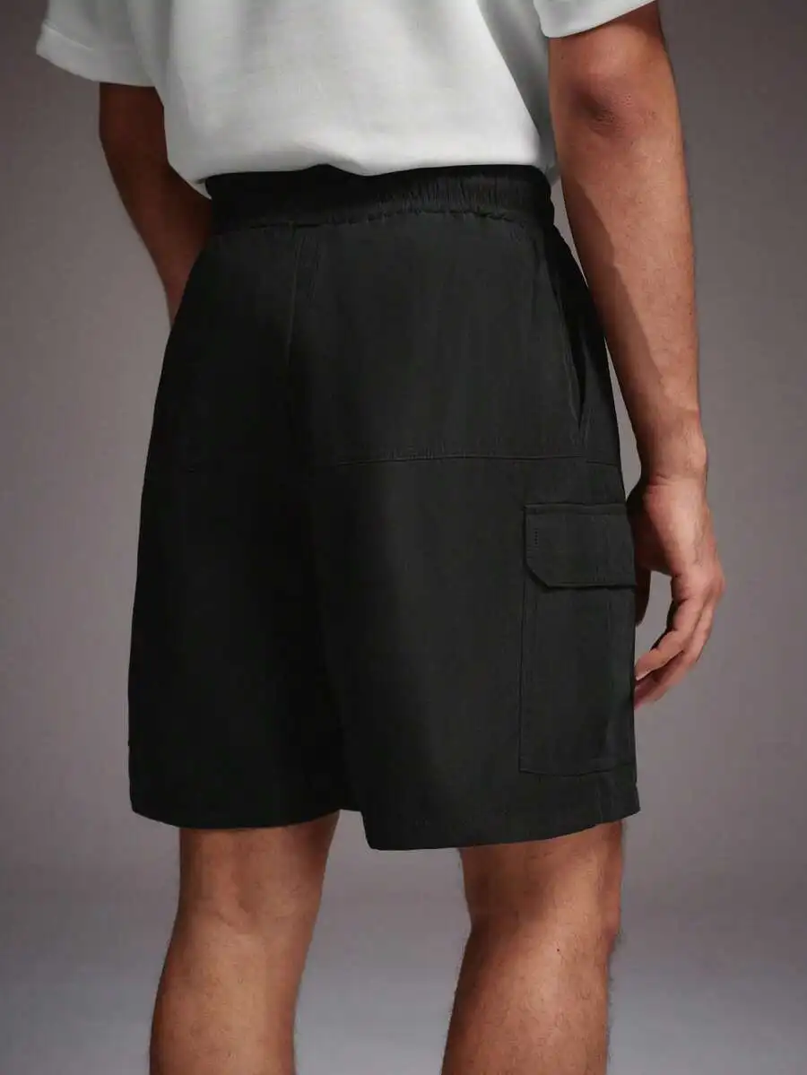 

Mens Solid Black Cargo Shorts With Pockets Casual Elastic Waist Shorts