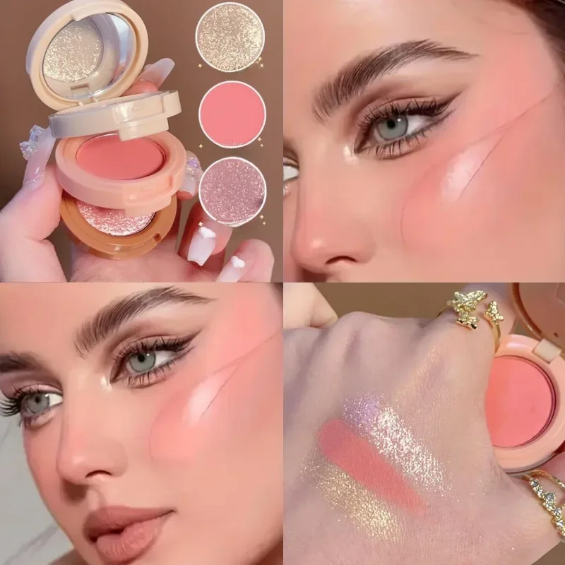 Placa de blush 3 em 1, blush iluminado integrado, placa de blush portátil, à prova d'água e à prova de suor, cosméticos faciais