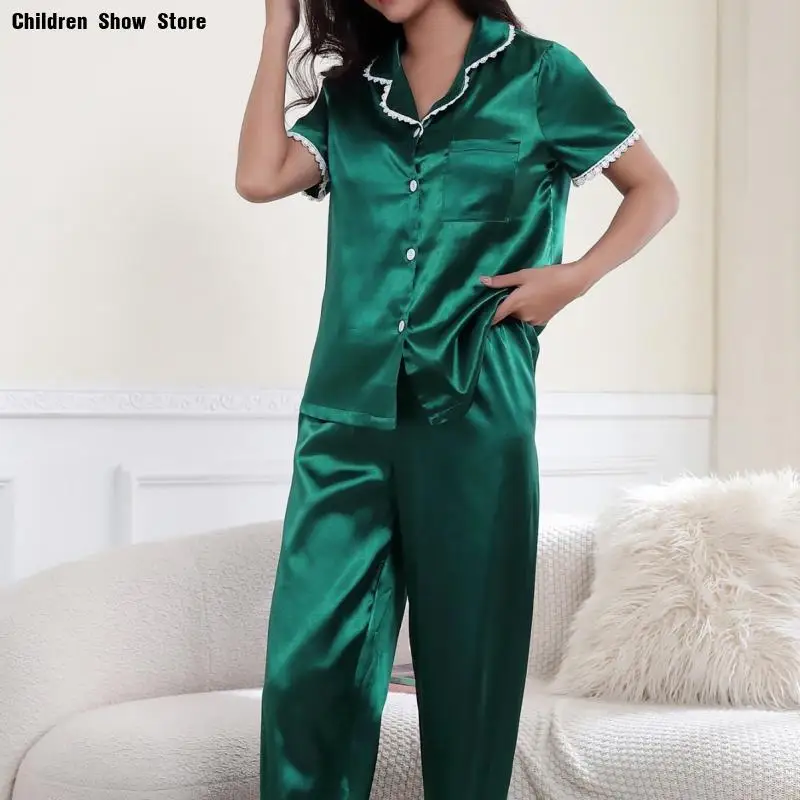 Satin Pajamas for Women Short Sleeve Button Down Tops Pajama Pants Pj Set Soft Loungewear Pyjama Femme Home Clothes Nightwear