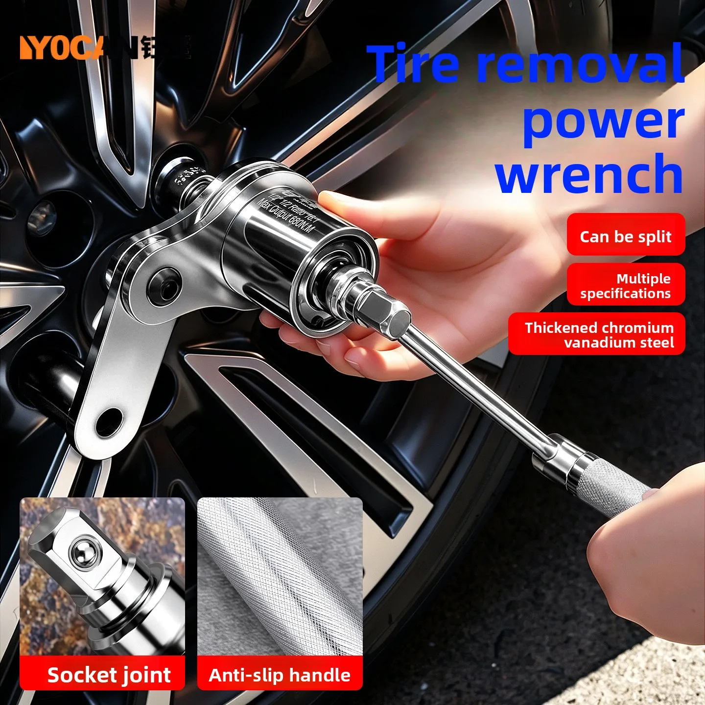Heavy-Duty Lug Wrench for Car Tire Removal, Industrial Grade Anti-Slip Reinforced Wheel Lug Nut Wrench with 3 or 4 Sockets, C
