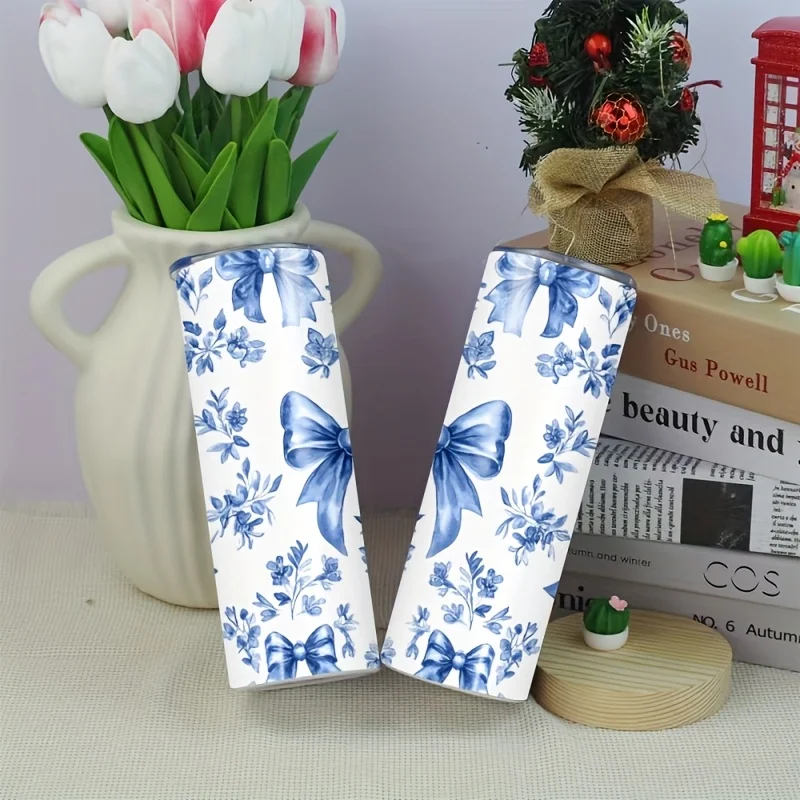 1pc 20oz Straight Cup Stainless Steel Insulated Cup Blue Tone Bow and Flower Pattern Fashionable Portable Sports Cup, Internal Insulation Double Layer Vacuum Design, Leak-proof, Compatible with Car Cup Holder, Suitable for Hot and Cold Drinks,