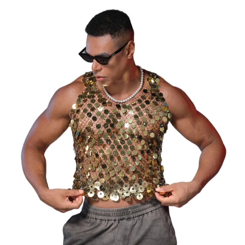 Herren Pailletten-Tanktop Ärmellos Transparentes Netz-Oberteil Ausgehöhlt Nachtclub Party Festival Rave Mode Y2K Top футболка+женская – Detail 4