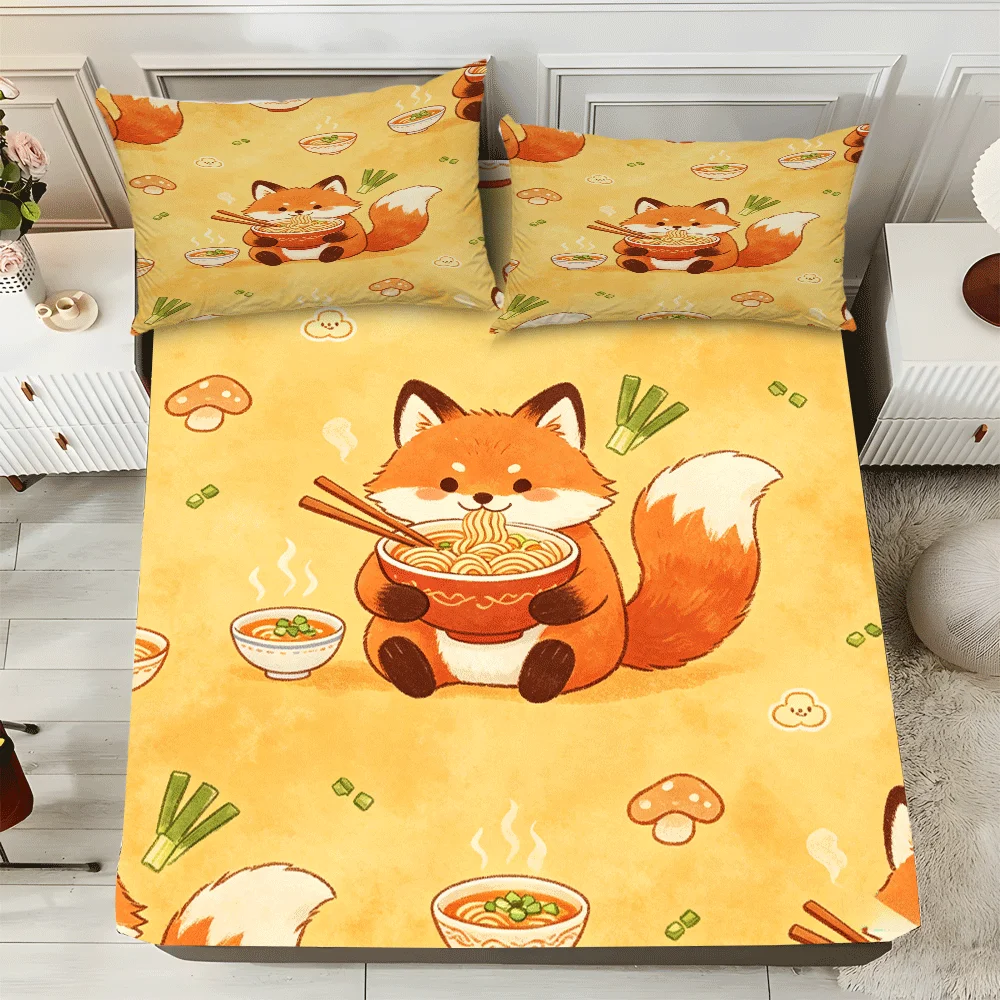 Super Cute Mattress Protector, 2D Flat Printing, Mattress Cover, Fitted Sheet Protector, Mattress Protector, Elastic Fitted Sheet Cover, King/Twin/Queen Size Three-Piece Comfortable Decorative 2D Printed Bedding Set, Includes Deep Pocket Fitted Sheet and Two Pillowcases, Does Not Include Pillow Inserts