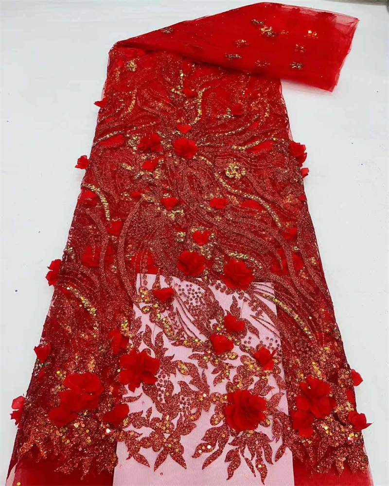 

High Quality African Nigerian Lace Fabric Embroidered Sequined 3D Flowers French Tulle for Dress Making