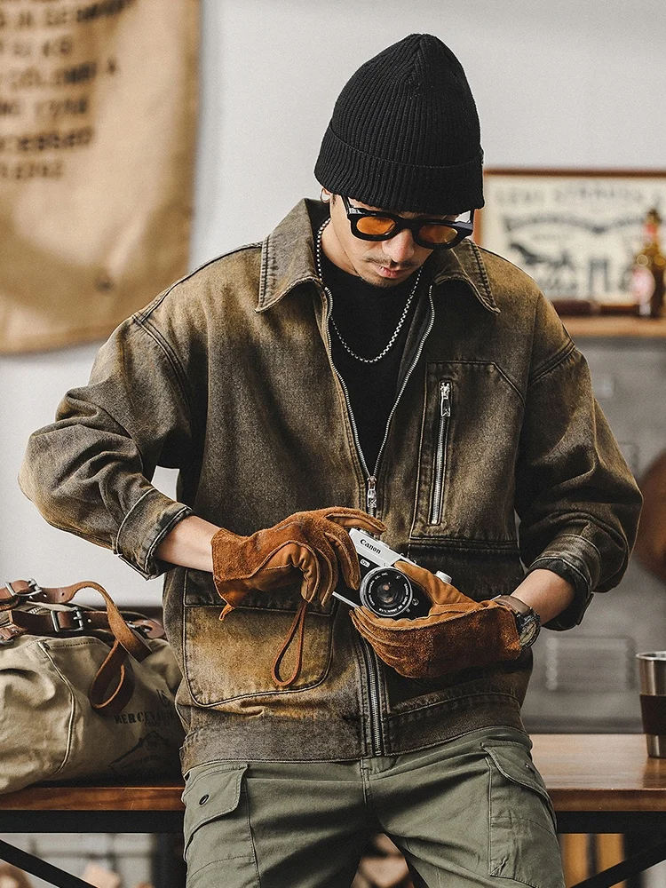 

Rustic Waed Denim Jaet for Men Spring Autumn Casual Cool Sle Workwear Jaet Loose Fit Multi ket Breathable Cotton P...