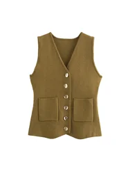 Willshela Women Fashion Brown Single Breasted Knitted Vest Vintage V-Neck Sleeveless Female Chic Lady Tank Tops